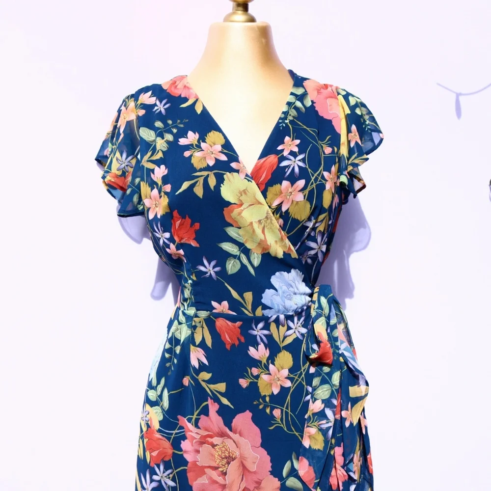 Sweet Pea New York by Stacy Frati High Low Ruffle Wrap Dress, Floral Medium - Picture 2 of 11